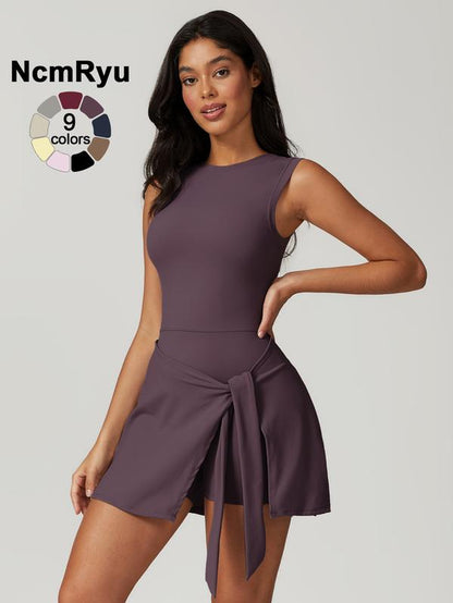 Women'S Sleeveless Plain Weave Mid Stretch Flat Shoulder Beautiful Back Split Strap Integrated Yoga Skirt Pants Outdoor Sports Hiking Tennis Cycling Pilates Jumpsuit Summer New Comfortable Lace up Jumpsuit Pants Fitness Sport Outfits