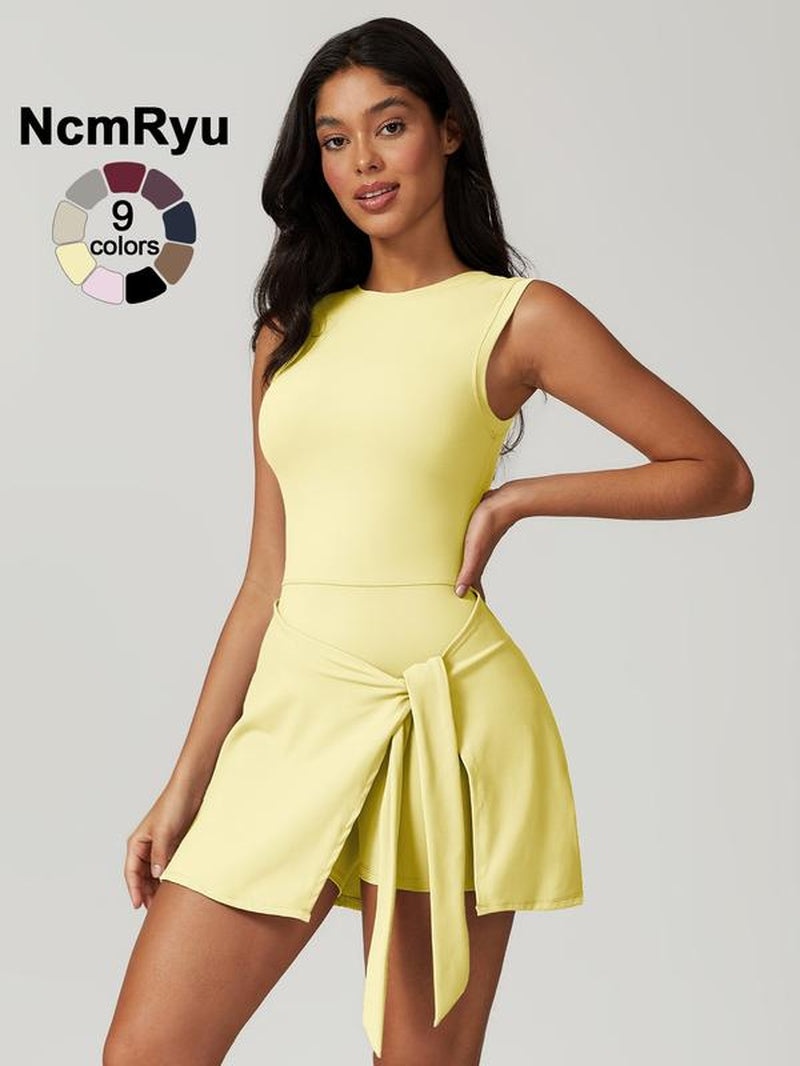 Women'S Sleeveless Plain Weave Mid Stretch Flat Shoulder Beautiful Back Split Strap Integrated Yoga Skirt Pants Outdoor Sports Hiking Tennis Cycling Pilates Jumpsuit Summer New Comfortable Lace up Jumpsuit Pants Fitness Sport Outfits